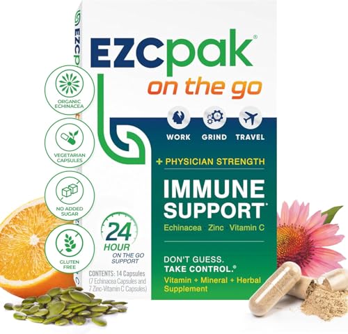 EZC Pak On The Go Immune System Booster with Echinacea, Vitamin C, Zinc, Immune Support Supplement, Immunity Vitamins for Adults, Travel-Friendly Packaging, Vegetarian, Gluten-Free