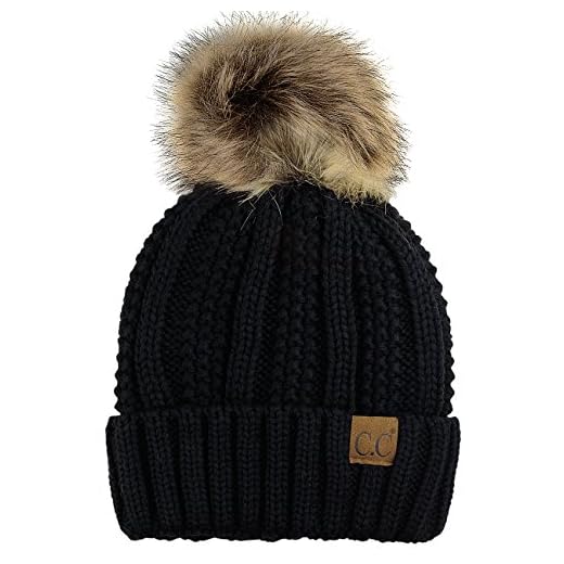 C.C Thick Cable Knit Faux Fuzzy Fur Pom Fleece Lined Skull Cap Cuff Beanie, Black