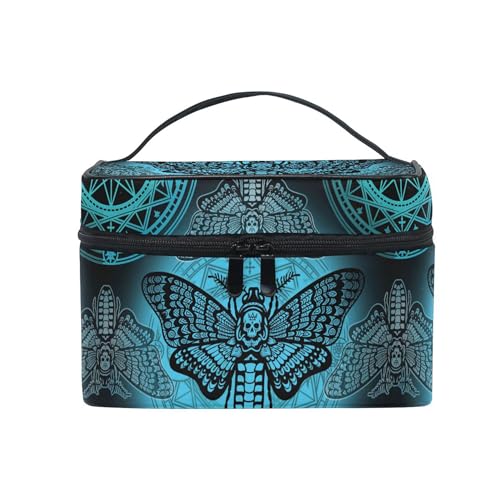 Mnsruu Makeup Bags, Gothic Blue Skull Moth Butterfly Makeup Organizer Bags Toiletry Bag Box Travel Cosmetic Bag Make Up Train Case for Women Teen Girl Ladies