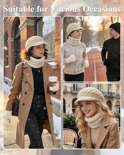 Image of 3-Pieces Winter Hat Gloves Scarf Set, Knit Warm Beanie Hat Neck Warmer Touch Screen Mittens for Women