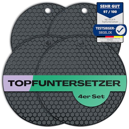 NetroxHome® 4er Set Topfuntersetzer aus Silikon | hitzebeständig, spülmaschinenfest & rutschfest | Topflappen für Küche & Tisch | runder Untersetzer Unterlage für Töpfe Pfannen (2X 18cm 2X 14cm)