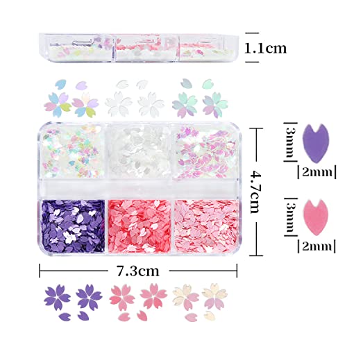 Flower Nail Art Decals Cherry Blossoms Nail Art Sequins Mix Flower 3D White Pink Purple Ab Sakura Petals Paillettes Set For Manicure Diy Spring Summer Nails Accessories 6 Grids (A) #TOP5