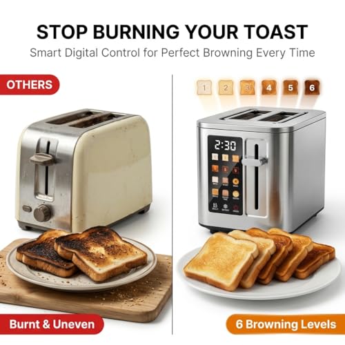 Image of 2026 Upgraded TAZTIR Touch Screen Toaster 2 Slice, Premium Stainless Steel Digital Bread Toaster with Timer, 1.5'' Wide Slot, 6 Shade Settings & 6 Bread Types, Bagel Defrost Reheat Cancel Functions