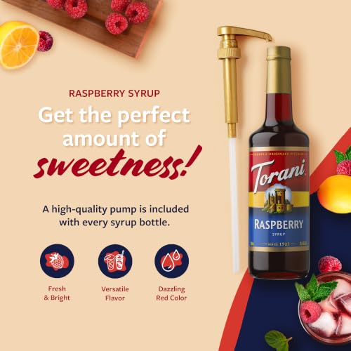 Image of Torani Red Raspberry Syrup for Drinks, Flavoring for Iced Tea, Sodas, Cocktails, and Milk Shakes, Glass Bottle with Pump Included, 25.4 Fl Oz