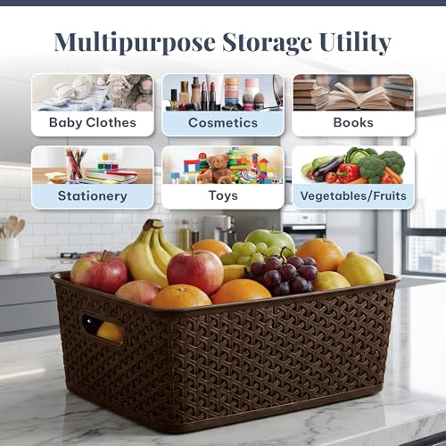 Image of Kuber Industries 3 Pcs Plastic Large Solitaire Storage Basket with Lid & Handle | Multipurpose Storage Rectangular Box for Cloths Toys & Books | H5 - Brown & White