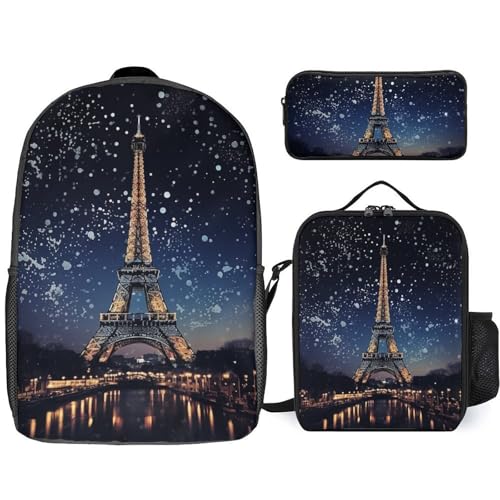 3 Piece Backpack for Women Men Lightweight Causal Daypack Shoulder Bag Set with Insulated Lunch Bag And Pencil Case Organizers Night Paris Eiffel