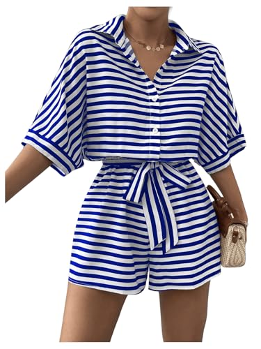 Milumia Women'S Colorblock Striped Print Jumpsuit Bat Wing Sleeve Knot Romper White And Blue Large cover