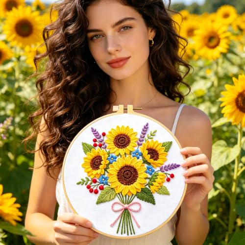 Image of BEUNITONE 4pcs Embroidery Kit, Flower Stamped Embroidery Kits with Hoop, Thread & Needles, Colorful Bouquet Cross Stitch Kits Sewing Gifts for Adults and Beginners, DIY Craft for Relaxation