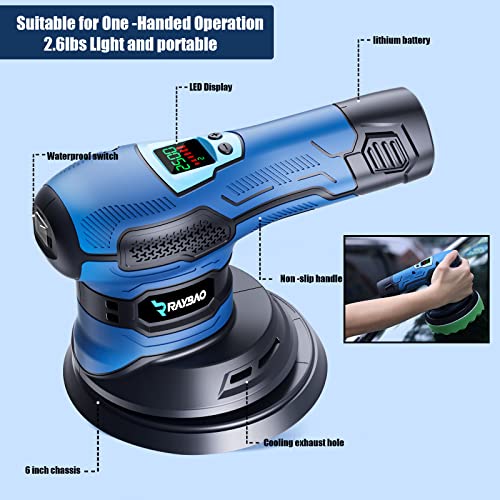 RAYBAO Cordless Polisher, 6INCH Polisher for Car Detailing, 6 Variable Speed to 4500OPM, Random Orbital Polisher with LED Display, Car Polishers and Buffers Kit 7 RAYBAO Cordless Polisher, 6INCH Polisher for Car Detailing, 6 Variable Speed to 4500OPM, Random Orbital Polisher with LED Display, Car Polishers and Buffers Kit - Image 7