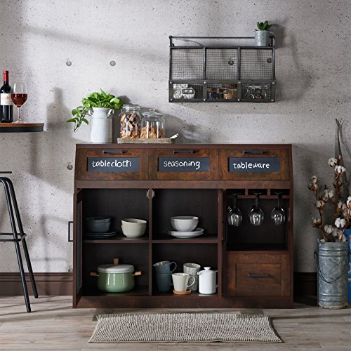 Iohomes Tanaka Transitional 3-Drawers Buffet Server With 2-Door Tall Cabinet And Stemware Rack, Vintage Walnut #TOP2