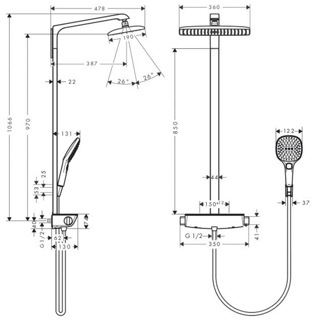 hansgrohe Raindance E - komplet prysznicowy z termostatem, zestaw prysznicowy z główką prysznicowa 3-strumieniowa, wąż, szyna i deszczownica kwadratowa (⌀ 360 mm), biały/chrom, 27112400