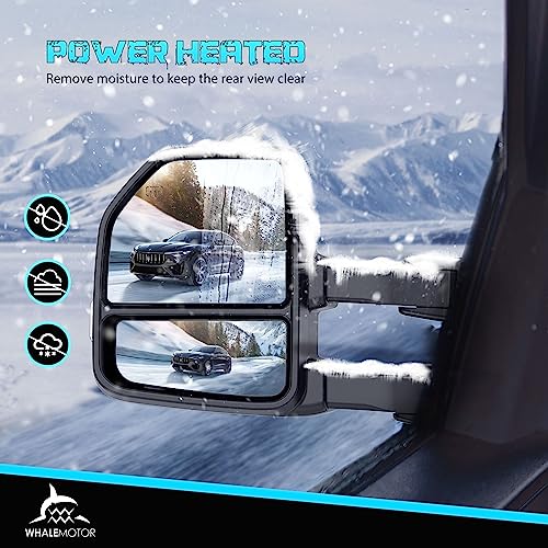 Image of Smoked Power Heated Tow Mirrors Compatible with 2004-2014 Ford F150 F-150 Pickup Truck, Extended Trailer Towing Side Mirrors with LED Puddle Light, Carbon Fiber Grey Housing