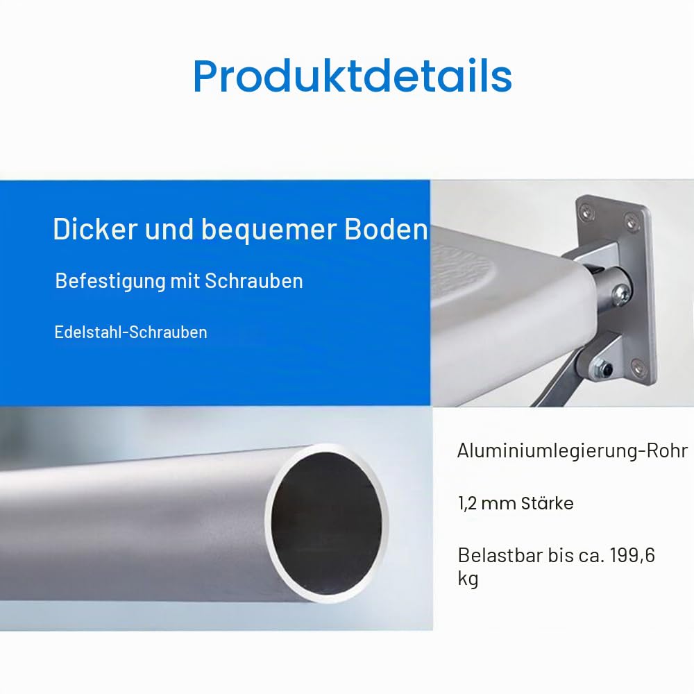 Zusammenklappbarer Duschhocker, Wandmontage, verschraubter Badhocker mit rutschfesten Füßen, Ablaufloch, Duschkopfschlitz für ältere Menschen mit Behinderungen, 42 - 53 mm