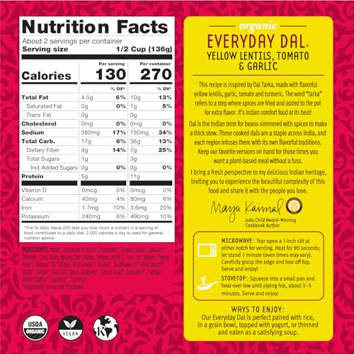 Image of Maya Kaimal Foods Organic Indian Everyday Dal (Pack of 6) - Fully Cooked Ready to Eat Meals w /Yellow Lentils, Tomato & Garlic - Vegan, Kosher & Non-GMO Microwavable Indian Food