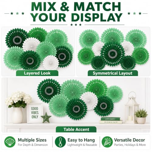 Image of Green White Party Decoration Hanging Honeycomb Round Paper Fans Kit for Theme Birthday Baby Shower Summer Forest Patrick's Irish Backdrop Party Supplies 11 Count