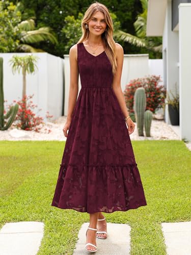 Image of Simplee Womens Semi Formal Dresses for Wedding Guest Floral Lace Midi Dress | Floral lace, Modest, Midi length, Sleeveless, V neck, Smocked empired waist, Semi formal wedding guest dress, Baptism dress