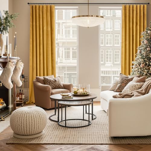Image of Mustard Yellow Gold Curtains Velvet Drapes 108 Inch Extra Long Ceiling to Floor Curtain for Patio Sliding Door Window French Country Doorway Hallway Cabin Mid Century Modern Boho Western Decor 2 Panel