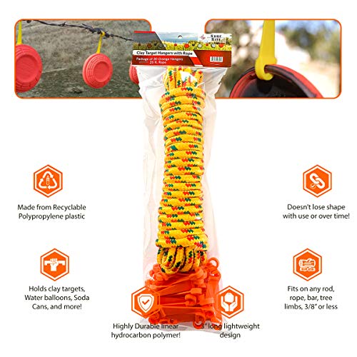Sure Site Clay Pigeon Target Hangers 30-Pack With Rope, Lightweight, Reusable With Hooks On Each End. Attach To Fence, Line. Orange For Excellent Visibility. Holds Clay Targets, Water Balloons, Cans #TOP2