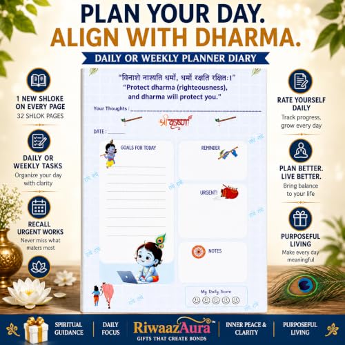 Image of Daily Diary | Day To Day Planner | Krishna Learnings | Daily Goals & Self-Assessment | Krishna Diary |Motivational Journal | Inspired By Bhagvad Gita