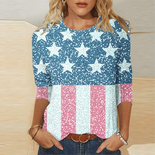 Image of Fourth of July Shirts for Women 3 /4 Sleeve Summer Tops American Flag Print T Shirt Patriotic 4th of July Shirts 2025