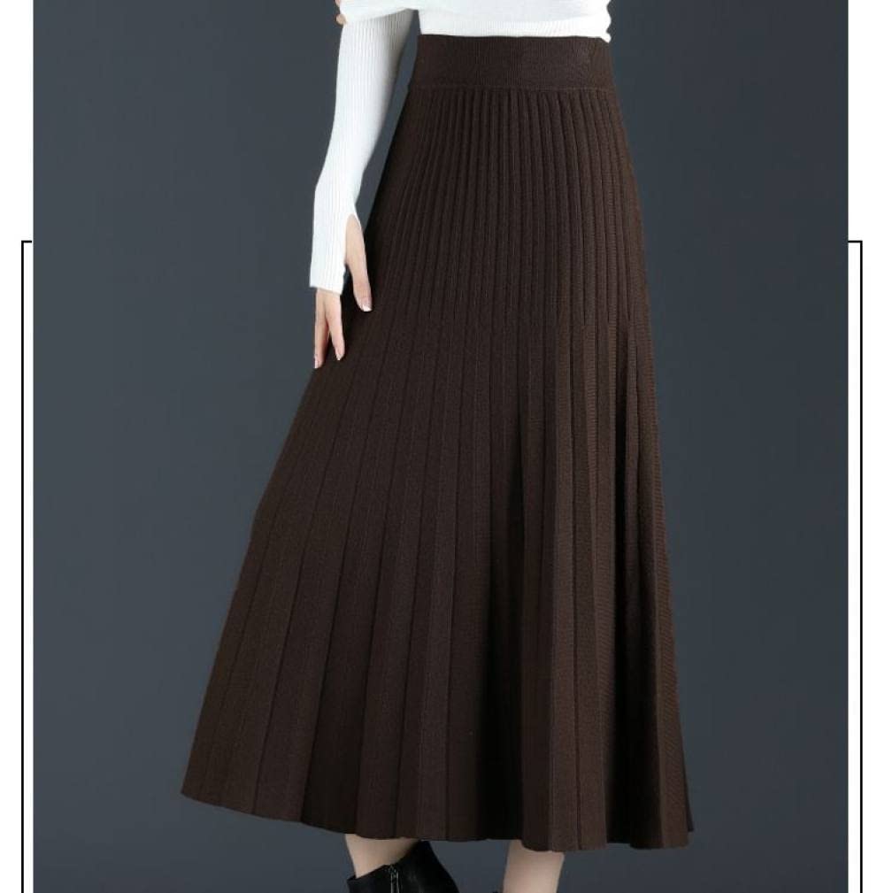 Röcke,Damen Midirock Braun Elastisch Hohe Taille Schlichtheit Faltenrock Herbst Winter Schlank A-Linie Swing Geraffte Elegante Lange Röcke Für Mädchen Damen,S