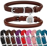 BRONZEDOG Rolled Leather Dog Collar for Small Medium Large Dogs with QR ID Tag (S: 12-14 Inch, Chocolate Brown)