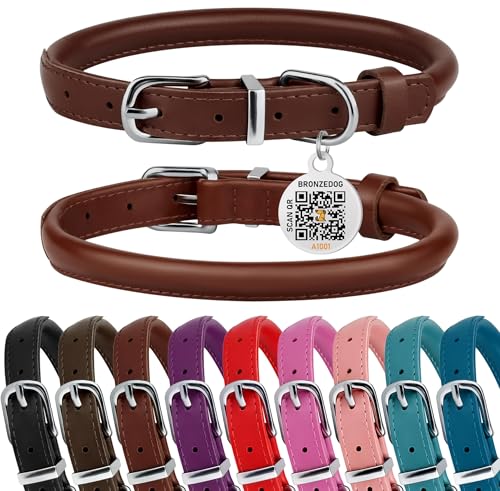 BRONZEDOG Rolled Leather Dog Collar for Small Medium Large Dogs with QR ID Tag (S: 12-14 Inch, Chocolate Brown)