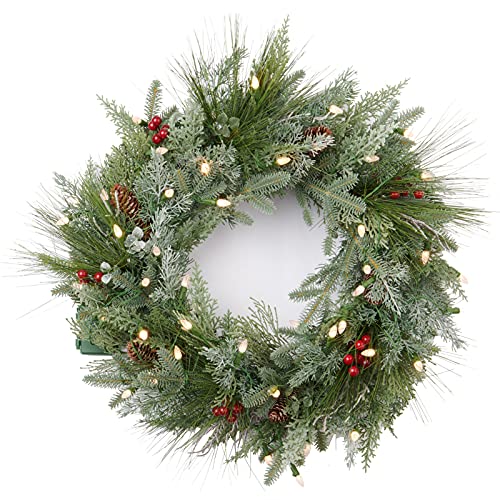 Amerzest Pre-Lit Christmas Wreath With Decorated With Flocked Branches,Berries And Pine Cones,24 Inch 50 Battery Operated Led Lights,Holiday Decoration For Front Door Outdoor #TOP4