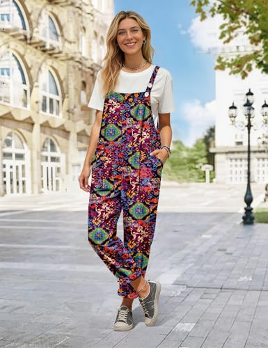 Image of YESNO Women's Overalls Cotton Boho Casual Floral Bib Jumpsuit Baggy Adjustable Strap Romper with Pockets PVV
