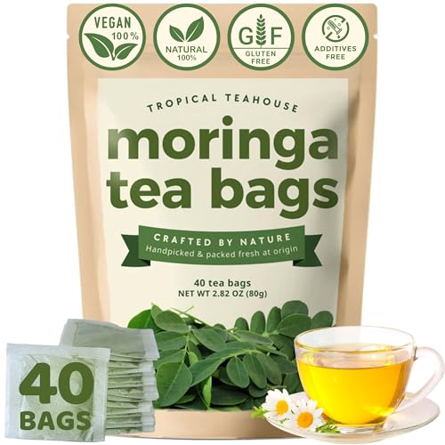 Tropical Teahouse 40 Pure Moringa Tea Bags – 2.82oz – Natural Moringa Oleifera Leaves, Gluten Free, Caffeine Free, Sugar-Free, Eco-conscious Packaging with Bamboo Tea Tong