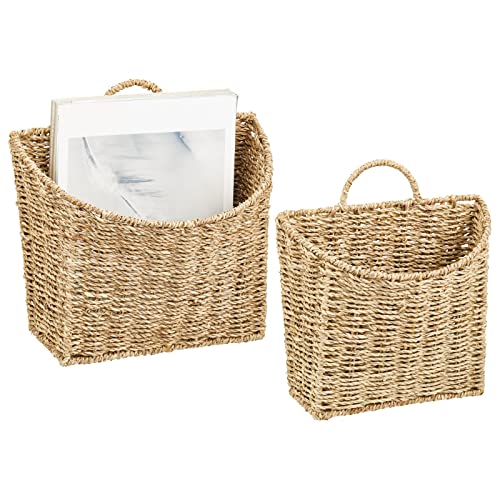 Image of mDesign Woven Seagrass Hanging Wall Storage Basket for Flowers & Essentials, Decorative Boho Mounted Organizer for Pantry, Closet, Bathroom, and the Door - Set of 2 - Natural