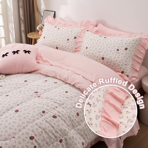 Image of A Nice Night Red Bow Comforter Set,Ruffle 6Pcs Bed in a Bag Matching Sheet Set, Bowknot Bedding Sets,Princess Style Strawberry Flower Printed Room Decor for Girls,Queen