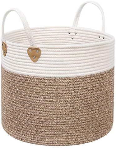 SONGMICS Cotton Rope Basket Handles Laundry Basket Cotton 50L Toy Clothes Blanket Brown Beige 40x40x35cm