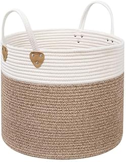 SONGMICS Cotton Rope Basket Handles Laundry Basket Cotton 50L Toy Clothes Blanket Brown Beige 40x40x35cm
