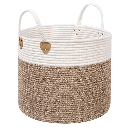 SONGMICS Panier à linge en corde de coton avec poignées - 50 L - Pour jouets, vêtements, couvertures, marron et beige - 40 x 40 x 35 cm LCB441N01