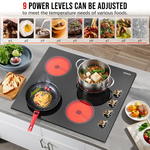 Image of Karinear 24 Inch Electric Cooktop 4 Burners Electric Stove, Knob Control | 6000W High Power Radiant Ceramic Cooktop, Built-in Design, 220-240V Hardwire, No Plug, Overheat Protection(Gold Knob)