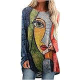 Casual Tops for Women Fashion Retro Abstract Face Print Long T-Shirt O Neck Long Sleeve Blouses Plus...