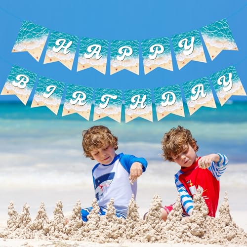 Ocean Beach Happy Birthday Banner 2-Piece Pre-Strung Summer Beach Birthday Party Decoration Blue Wave Cutout Banners for Pool Under The Sea Party Supplies - image 6