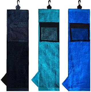 FINGER TEN Golf Towels Waffle for Golf Bags with Clip 25"X16" Tri-fold, Golf Towel Hook Loop with a Net Bag for Men Women Club Cleaning Groove Cleaner Color Blue Green Black (Black Towel- 1 Pack)