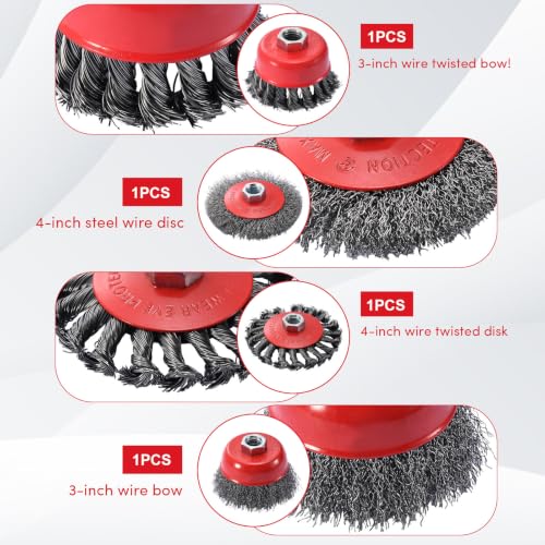 Image of 4 Pack Wire Wheel for Angle Grinder, 4-1 /2 inch Heavy Duty Carbon Steel Knotted Wire Brush, 5 /8 inch-11 Arbor, Rapid Rust Removal & Polishing, Angle Grinder Wheel Brush Combo Set