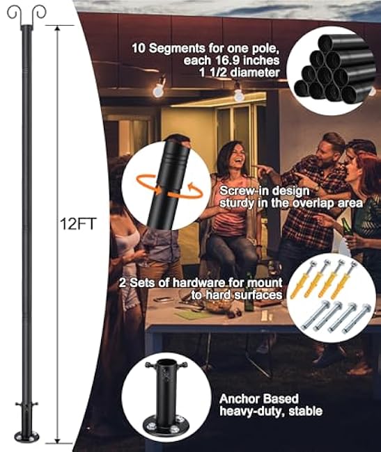 12FT String Light Poles - 2 Pack Deck Light Poles for Outside String Lights Heavy Duty with Anchor Based and Bracket - Waterproof Outdoor Patio Light Poles for Wedding, Party