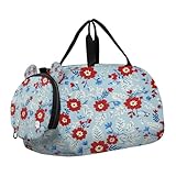 Bolsa de viaje para niños, bolsa de viaje para fin de semana, bolsa de gimnasio con compartimento para zapatos, deportes, escuela, flores rojas y azules