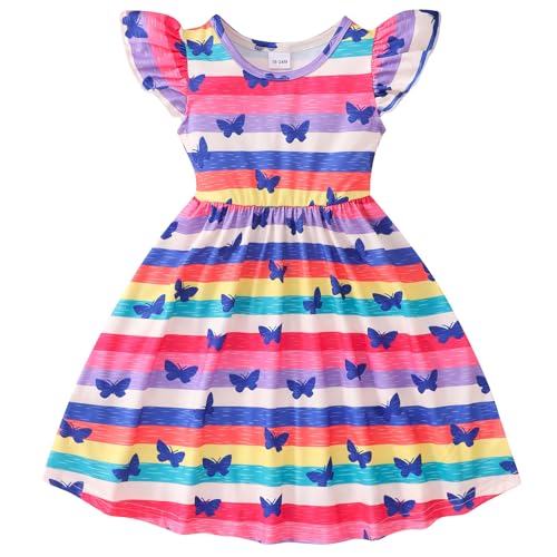 Toddler Girls Summer Dresses Cute Flutter Short Sleeve Dinosaur Sunflower Pattern Casual Sundress for Little Girl Size 2-8T