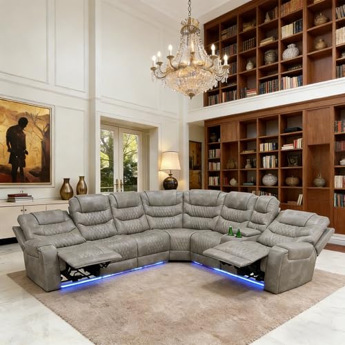 ELDANISH Power Recliner Sectional Sofa Set, Leather Electric Reclining Couch with LED Light & Cup Holders, Living Room Sectional Recliner Sofa with Loveseat, Power Reclining Seats(Grey)