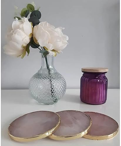 Miniatura 9 de Posavasos decorativos de cuarzo rosa, posavasos redondos de cristal rosa natural, borde dorado, juego de 4 (redondo de 3.5 a 4)