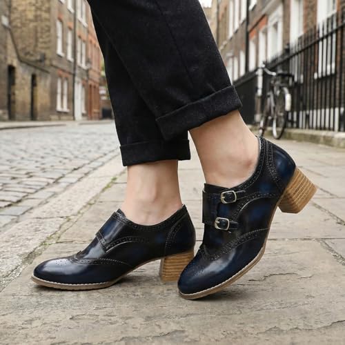 Mona flying Womens Leather Chunky Heel Monk Strap Oxfords Wingtip Ladies Mid Heel Dress Loafers Pumps Shoes with Buckle - Image 3