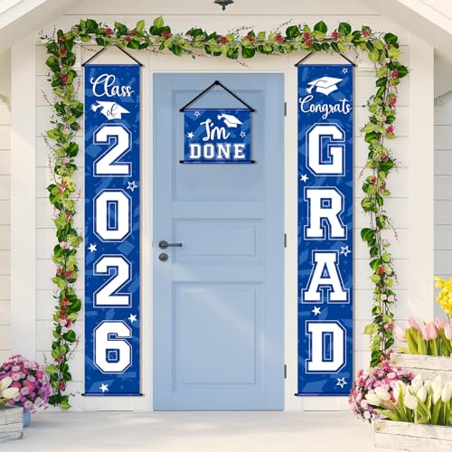 Image of Moukeren 3 Pieces 2026 Graduation Party Decorations Graduation Porch Sign Class of 2026 Grad Hanging Porch Banner Backdrop Door Sign for Grad Party Home Door Wall Decor(Blue)