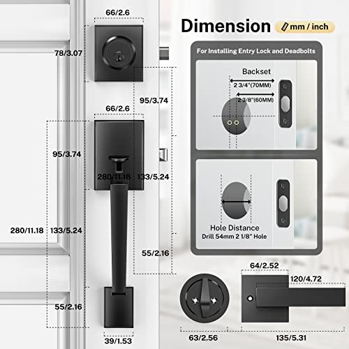 Brightify Black Front Door Handle, Matte Black Exterior Door Handle With Door Lever, Modern Front Door Lock Set, Adjustable Deadbolt Lock Set With Single Cylinder, Reversible For Right&Left Handed #TOP4