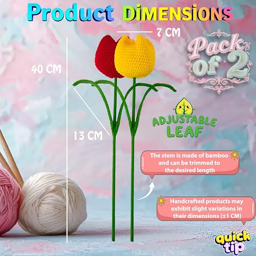 Image of Tulip Crochet Flowers | Handcrafted Artificial Faux Woolen Flower with Long Stem | Natural Looking Knitted Flower for Home, Living Room, Vase & Bouquet Decoration & Gifting | Red & Yellow