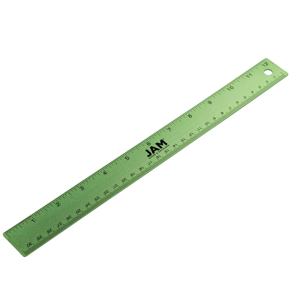 JAM PAPER Strong Aluminum Ruler - 12 Inch - Metal Ruler with Non-Skid Cork Backing - Lime Green - Sold Individually